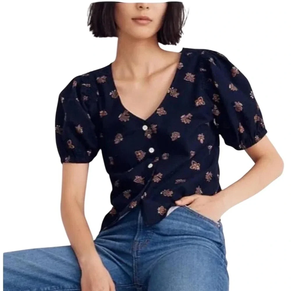 Madewell Corduroy Bubble-Sleeve Crop Shirt in the Britannica Blockprint Size S